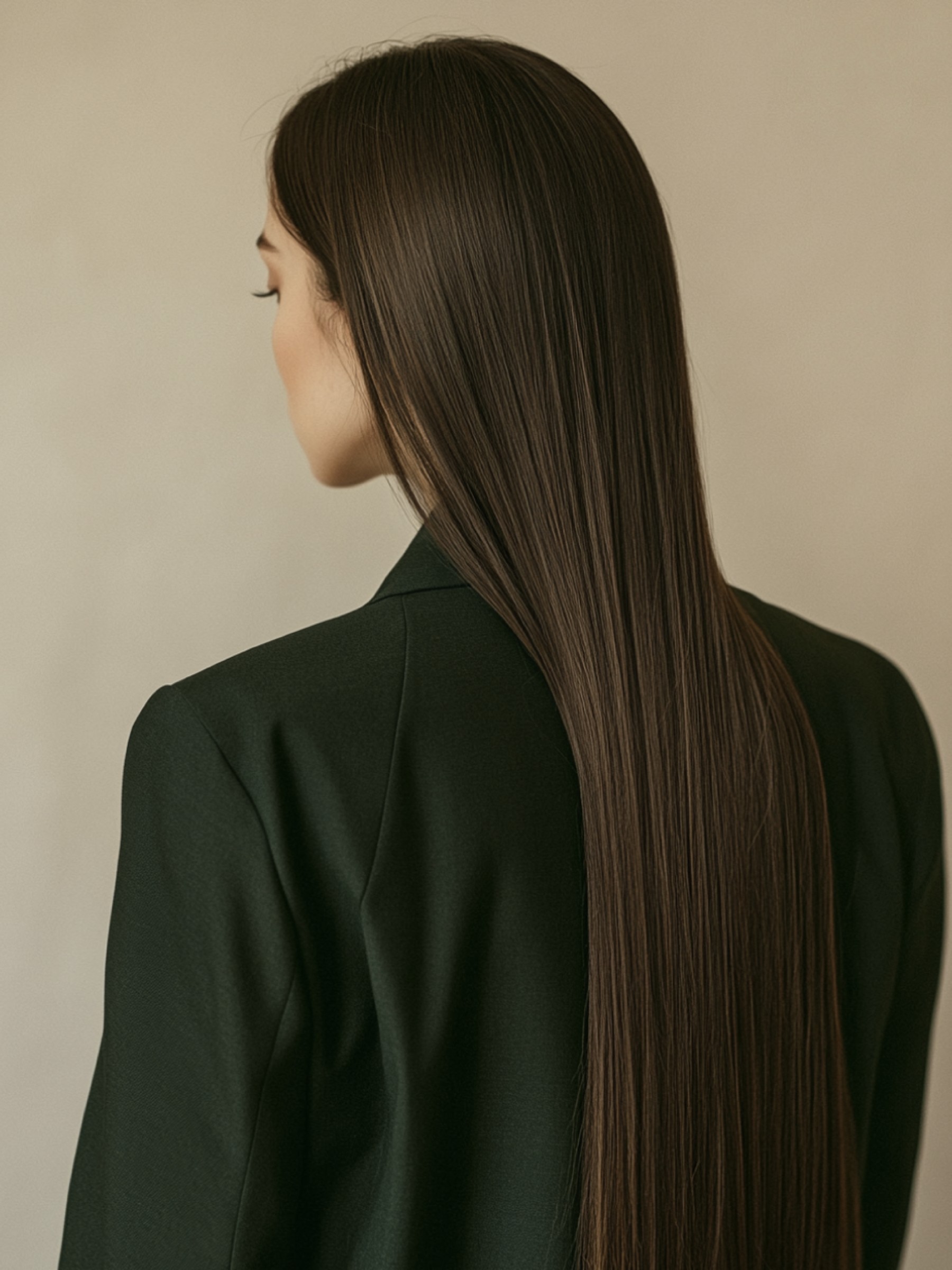 Clestège — editorial hair photography, long straight hair against a warm neutral backdrop